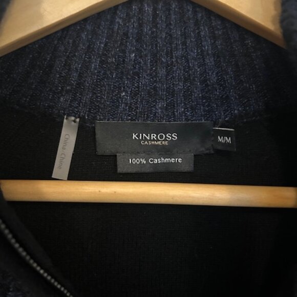 Kinross Men's Cashmere Quarter Zip in Black/Blue Sweater- Size Medium - Picture 2 of 7